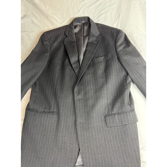 Mens Grey Pinstripe Suit Jacket Blazer Four Button Sleeve Classic Business